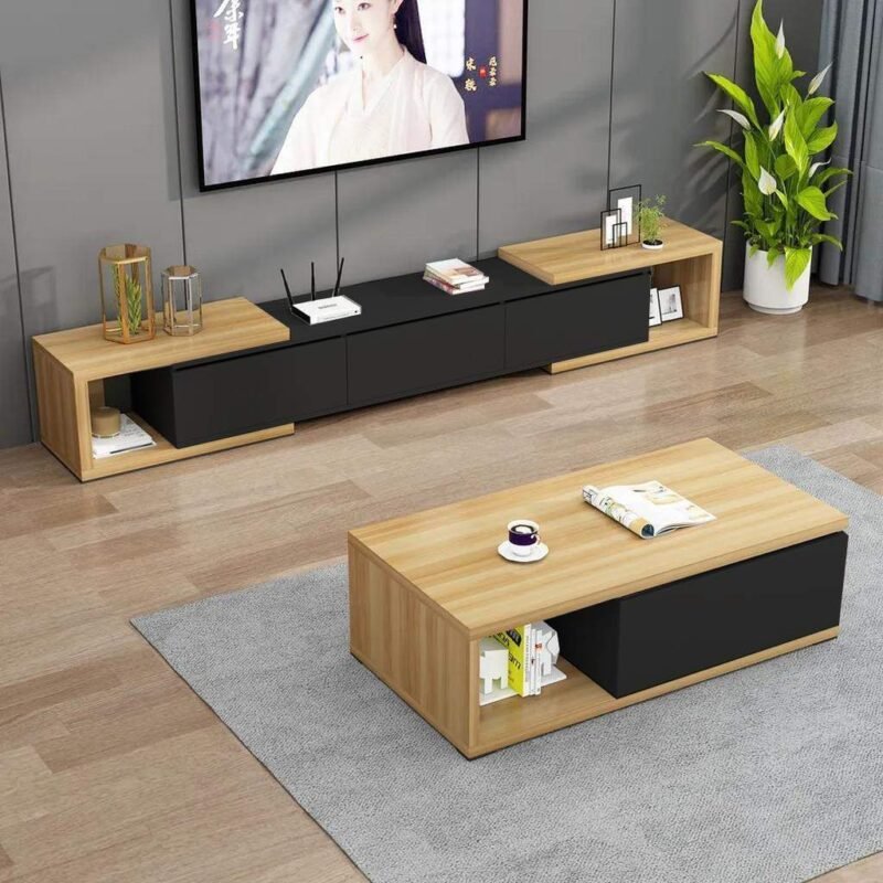 وحدة تلفزيون و ترابيزة قهوة أسود وبيج قطعتين - tt229