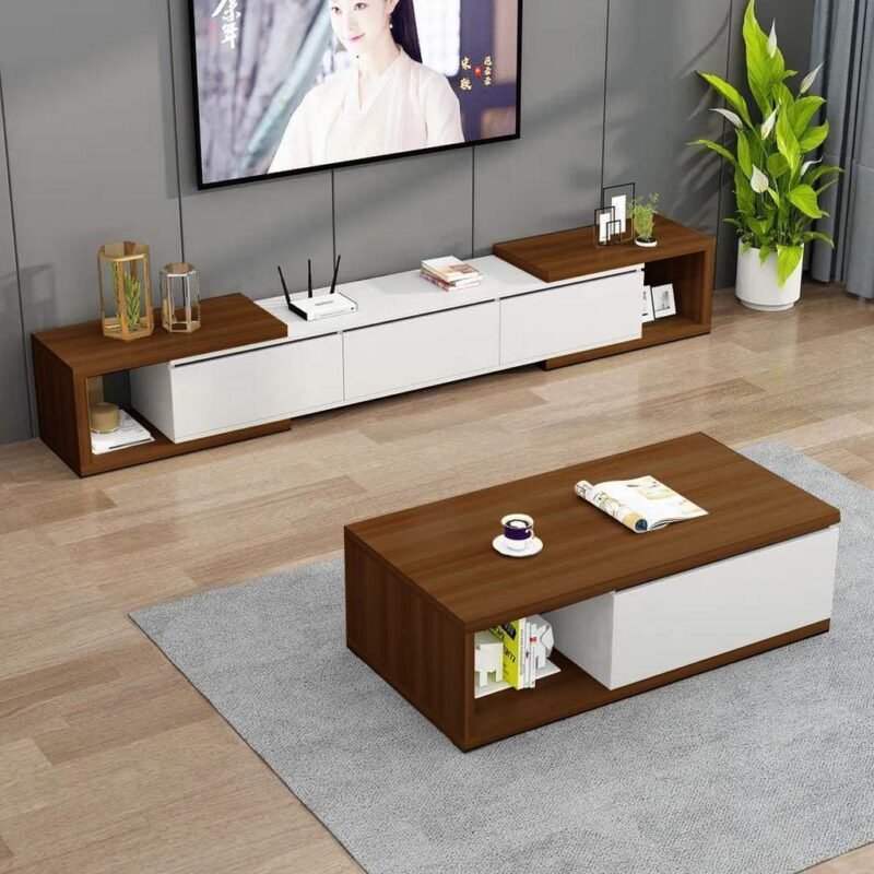 وحدة تلفزيون و ترابيزة قهوة أبيض وبني قطعتين - tt225